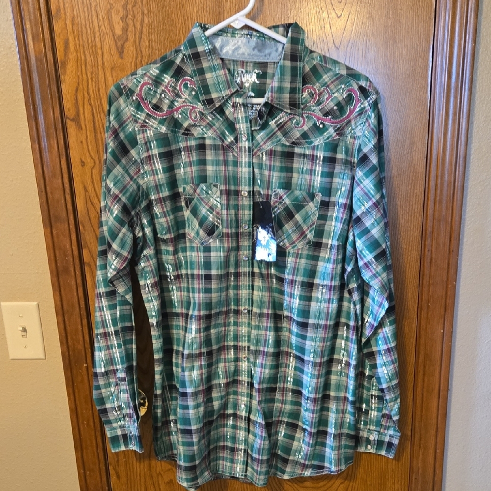 Wrangler Green and Purple Plaid Shirt